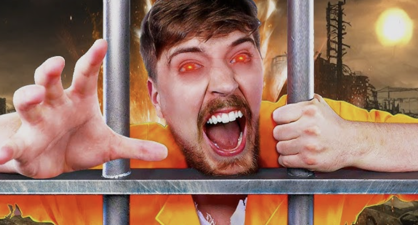 A red-eyed figure resembling MrBeast lunging through iron bars against a burning skyline